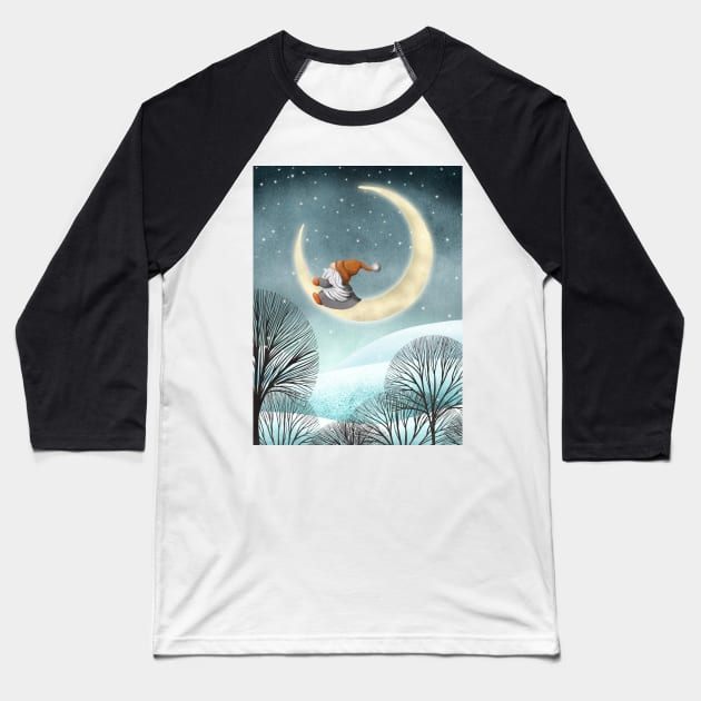 Scandinavian gnome and moon winter watercolor fantasy illustration. Swedish cute gnome in snow night forest. Baseball T-Shirt by likapix